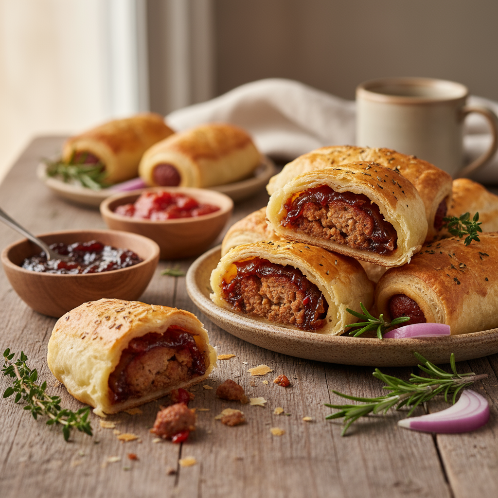 Sausage and onion jam rolls