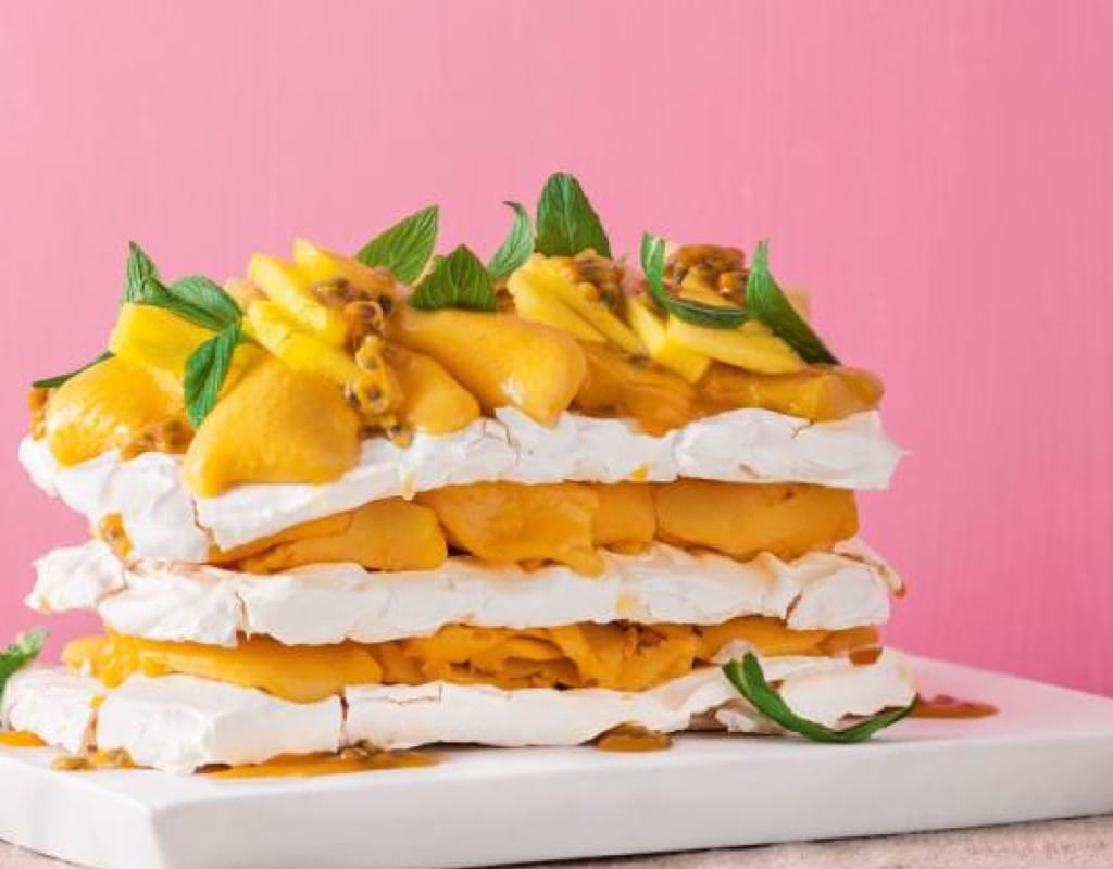 Chewy meringue and mango sorbet cake