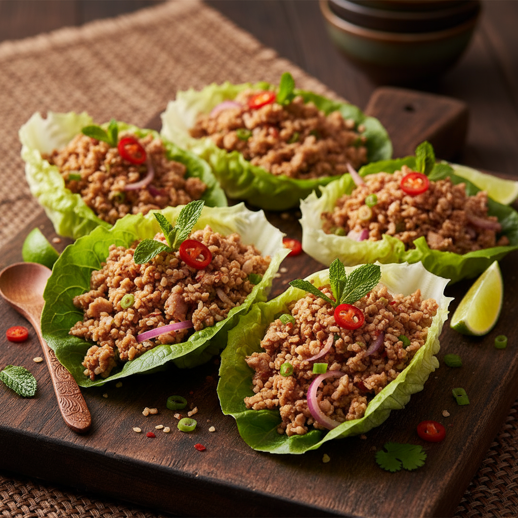 Chicken larb in lettuce cups