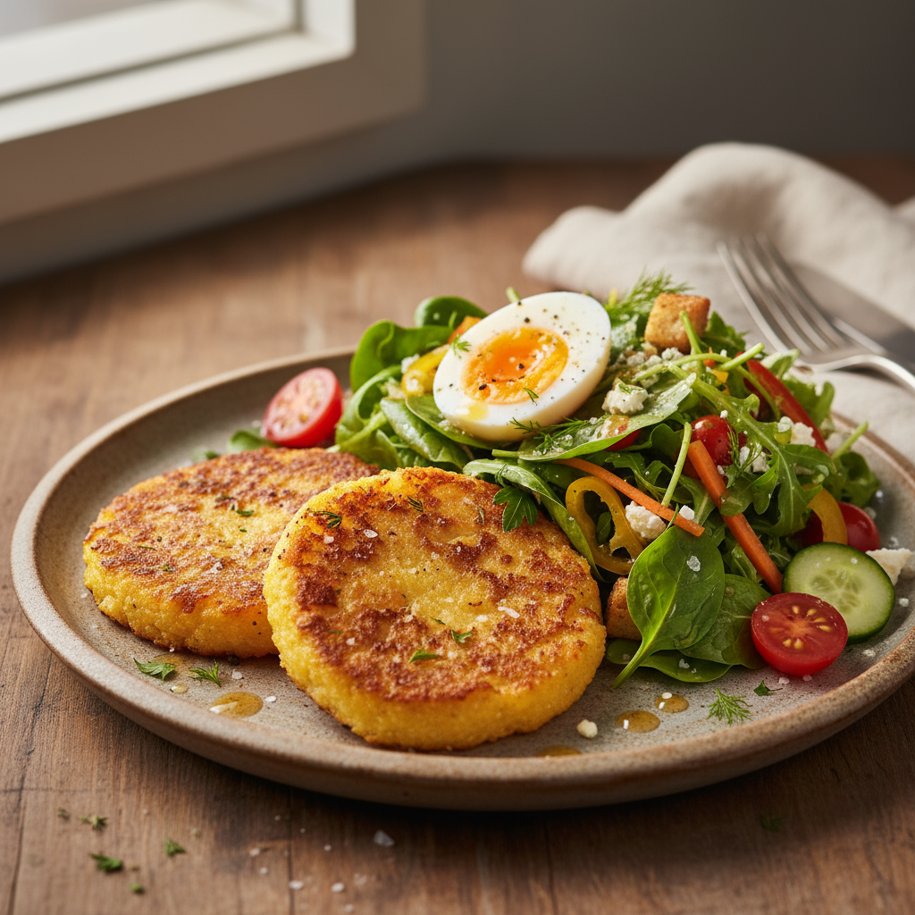 Polenta cake with anything goes salad