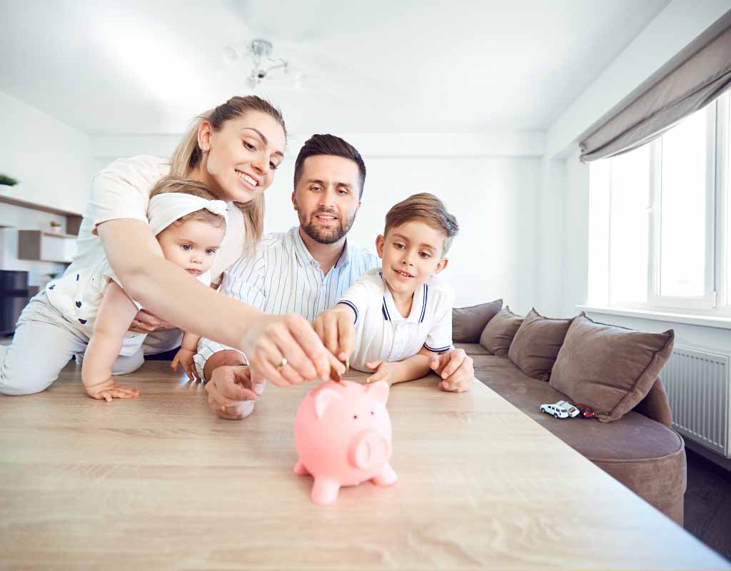 family and piggy bank