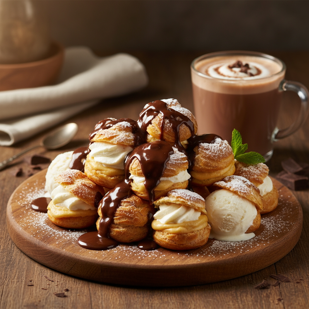 Profiteroles with hot chocolate