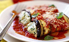 Vegetarian eggplant rolls with tomato basil sauce