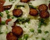 Asparagus risotto with chorizo chips