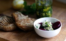 Pork chops with feta and beetroot salad