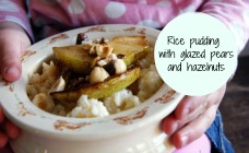 Rice pudding with glazed pears and hazelnuts