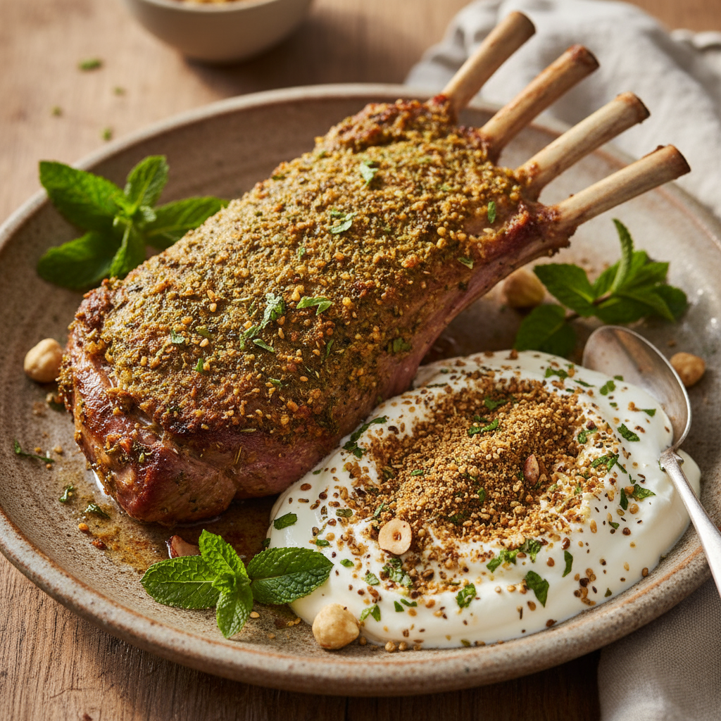 Spring lamb rack with dukkah yoghurt