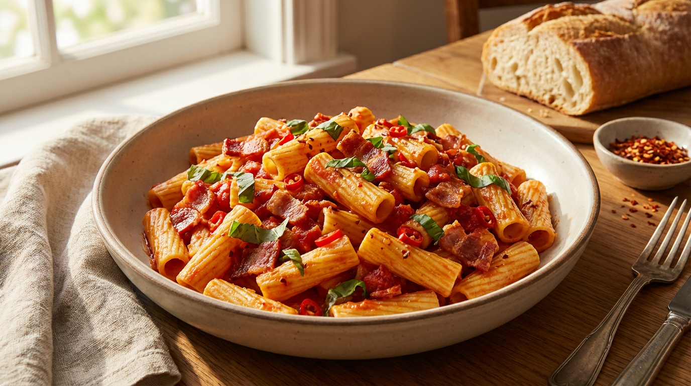 Bacon and chilli rigatoni