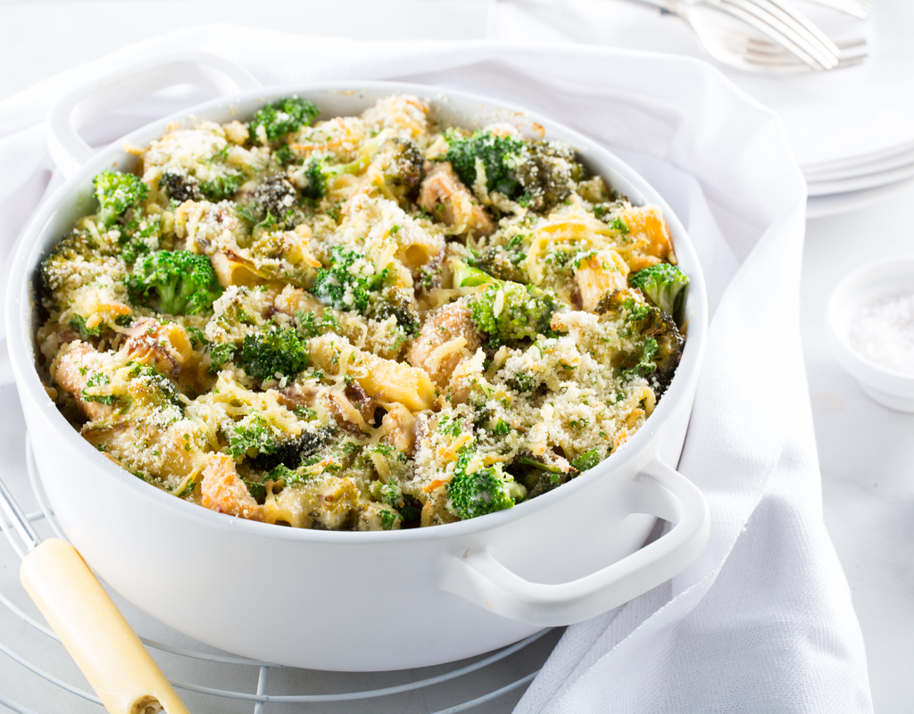 Chicken and Broccoli Pasta Bake with Cheesy Almond Crust