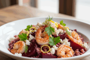 Beetroot, prawn and farro salad