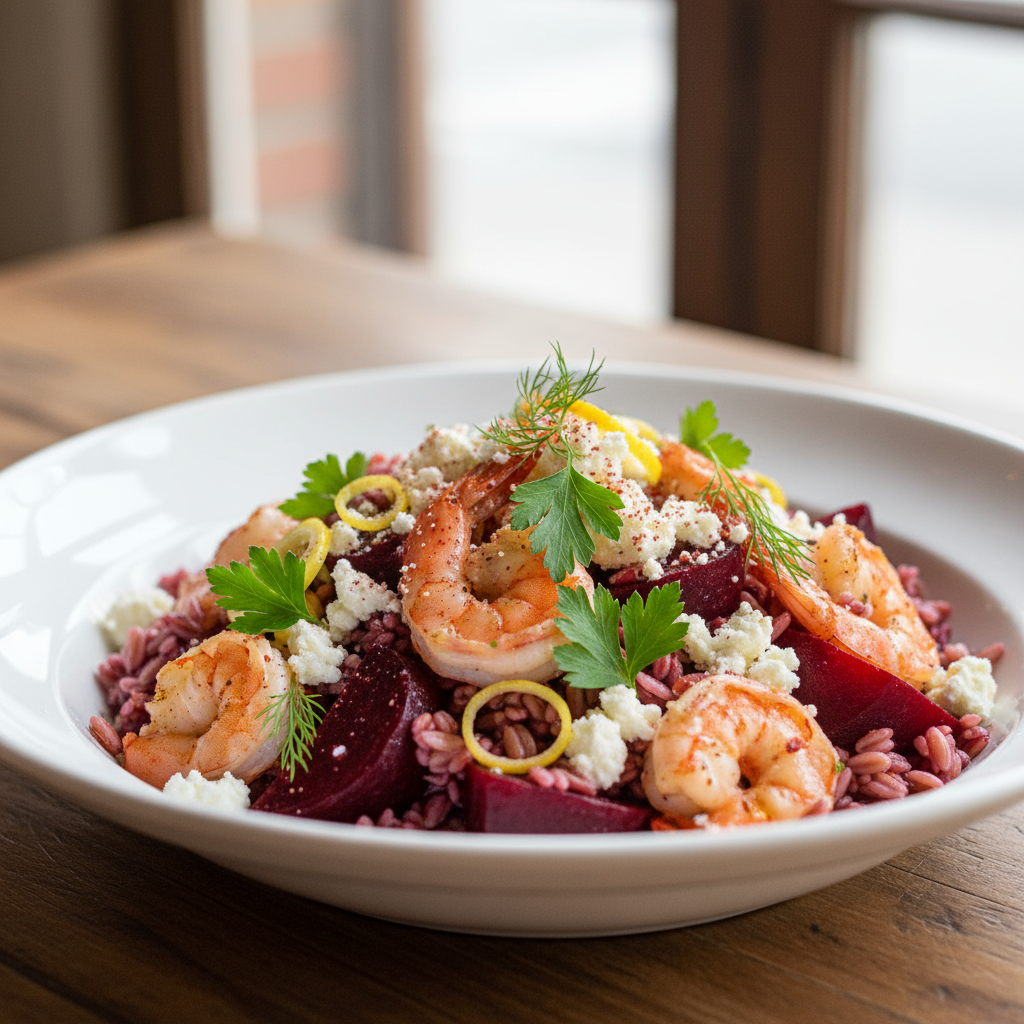 Beetroot, prawn and farro salad