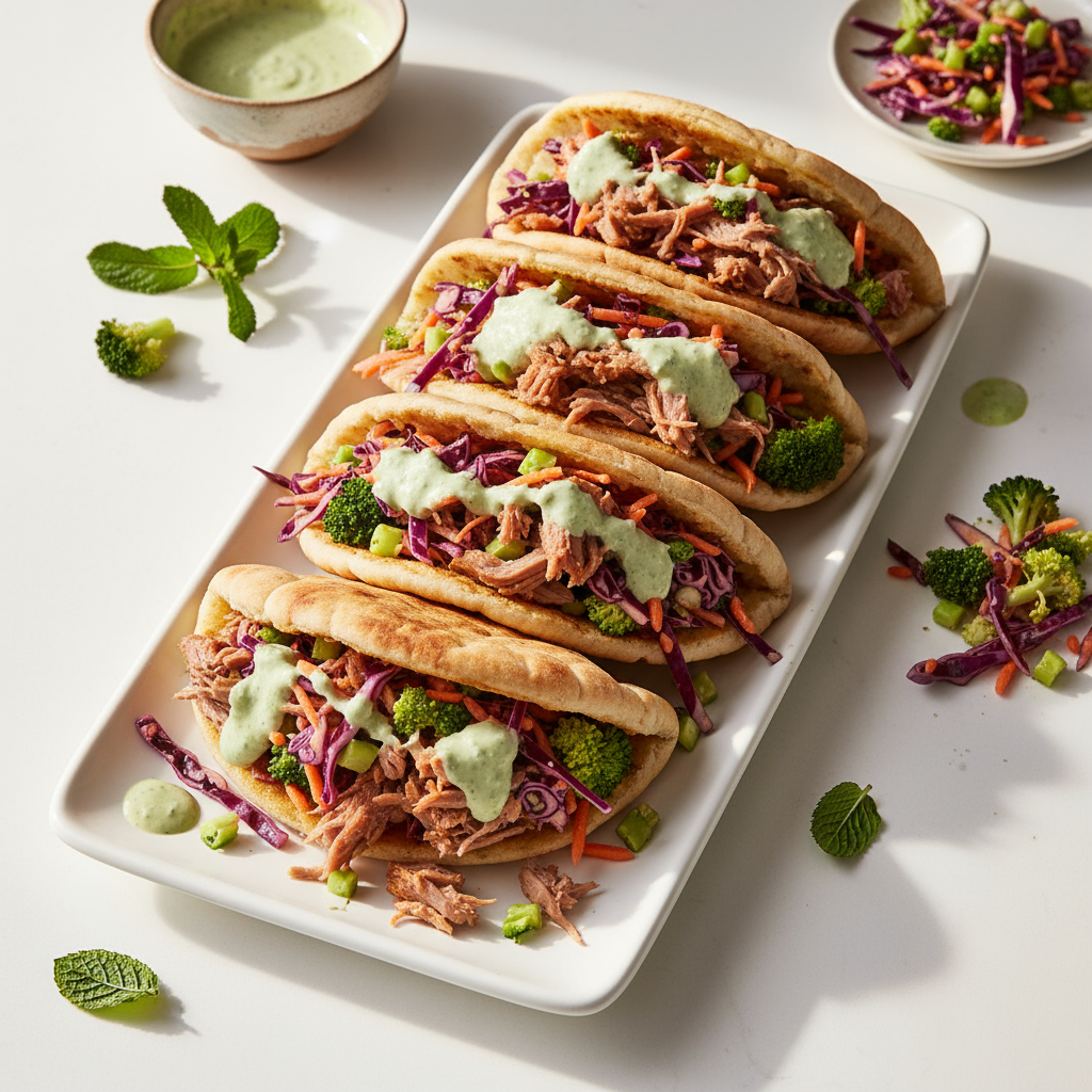 Broccoslaw and Shredded Lamb Pita Pockets