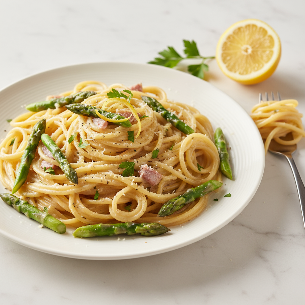 Spaghetti Carbonara with Asparagus