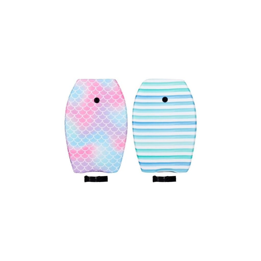 Pink and blue body boards.