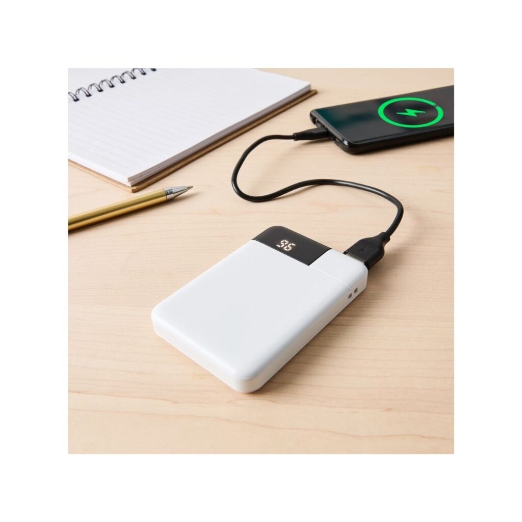 Portable charger connected to a phone.