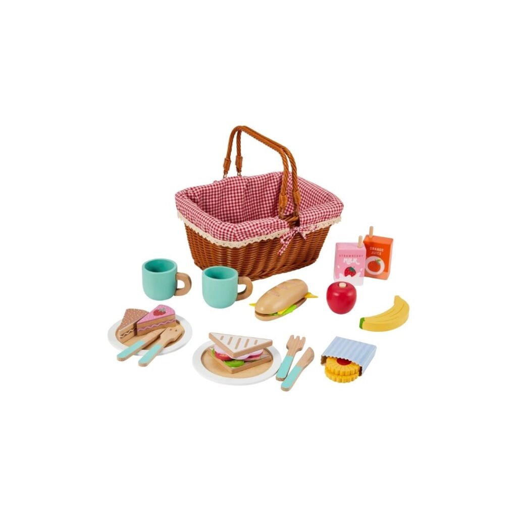 Picnic basket with play food and drink.