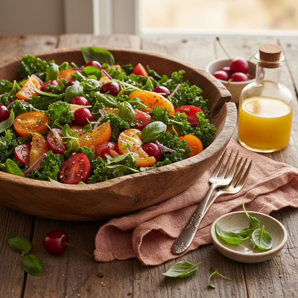 Tomato & Cherry Kale Salad with Lemon Vinaigrette
