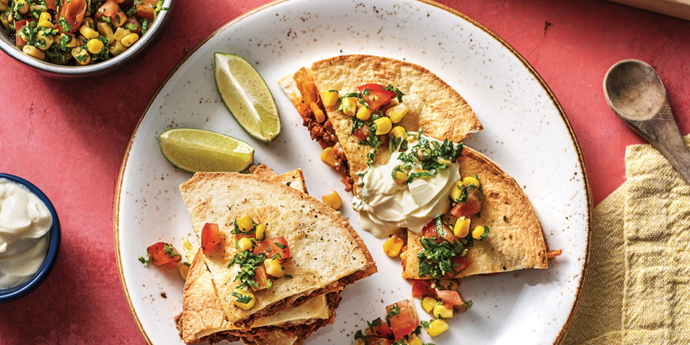 Baked Beef & Corn Quesadillas with Salsa & Sour Cream