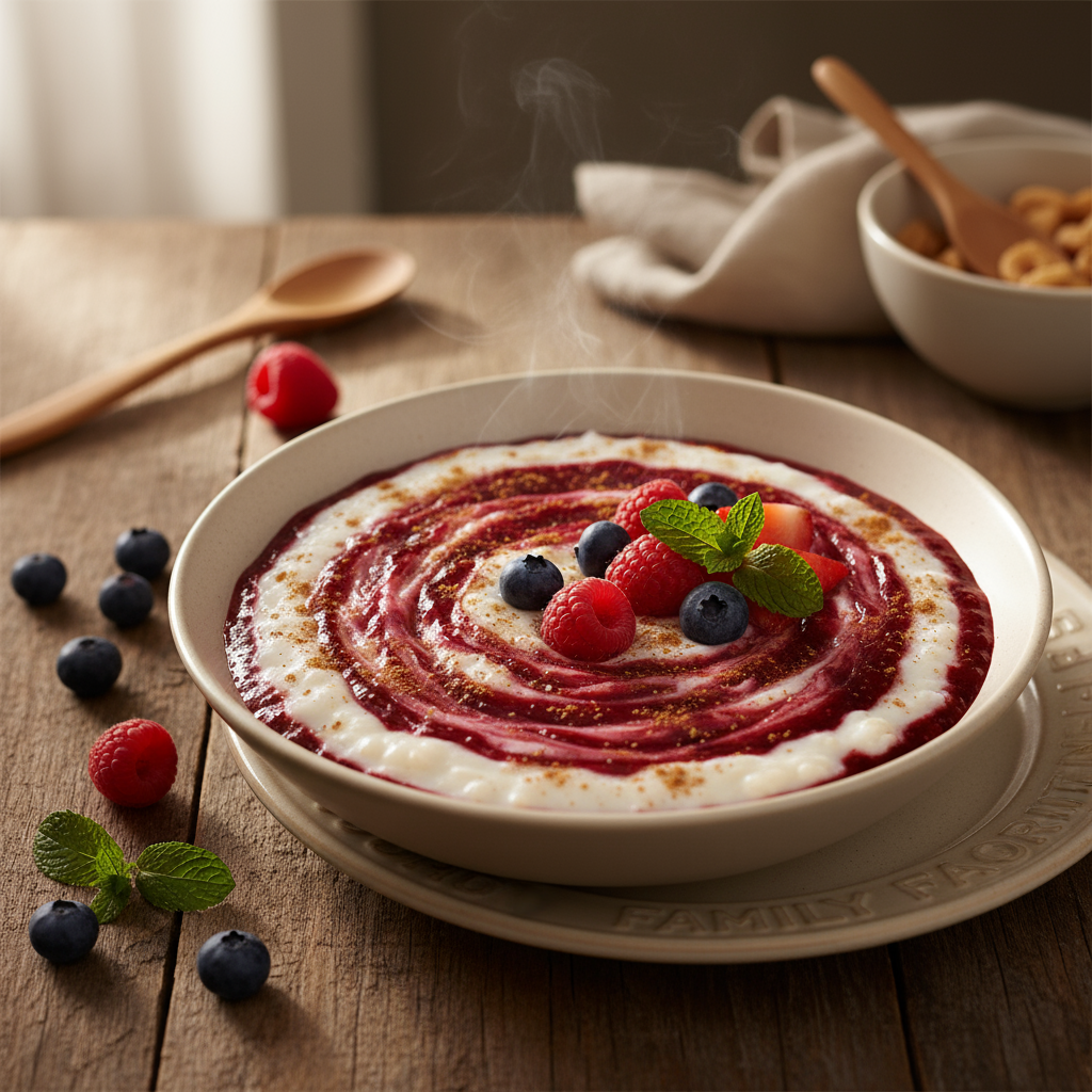 Rice Pudding with Smooth Fruit Swirl