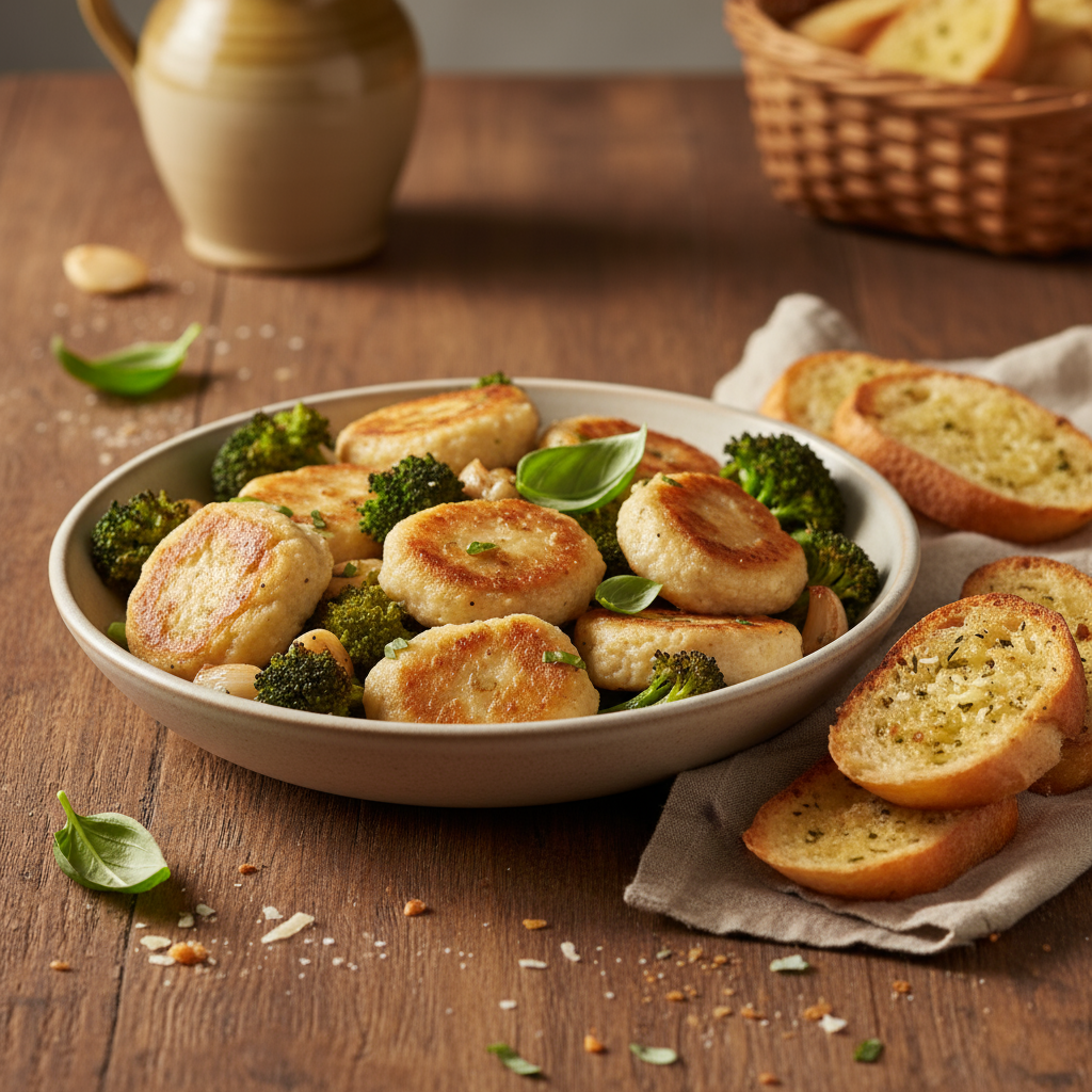 Ricotta Parmesan Dumplings with Broccoli and Garlic Breads