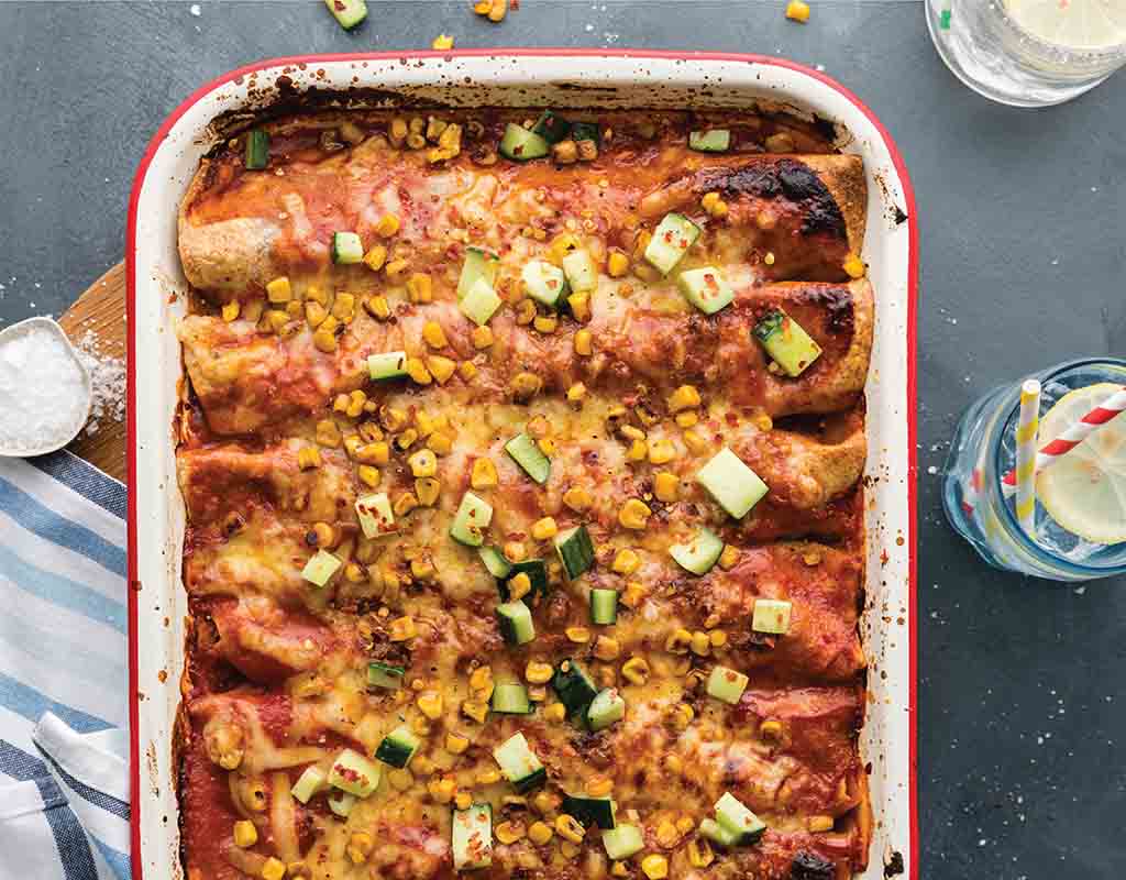 Easy Cheesy Beef Enchiladas with Corn & Cucumber Salsa