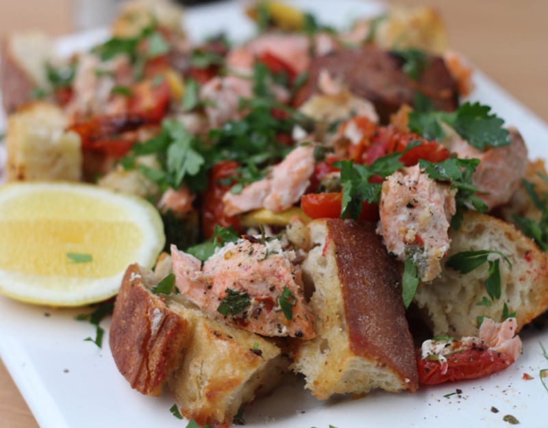 One pan roasted salmon & bread salad