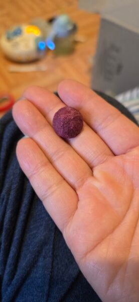 Hand holding a small snack ball.