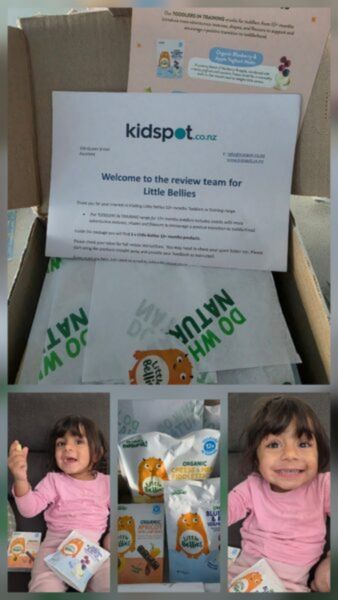 A collage image shows a box of little bellies along with images of a child enjoying the snacks.