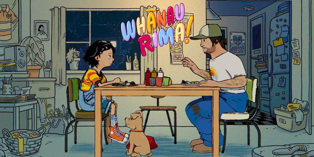 A young girl sits across the table from a man, with a dog sitting underneath the table by the girl's feet.