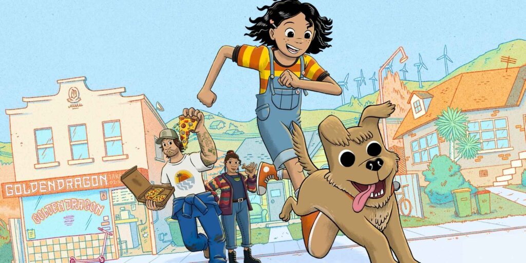 Young girl chases her dog, man holds a pizza box behind her, and a lady stands smiling behind them.