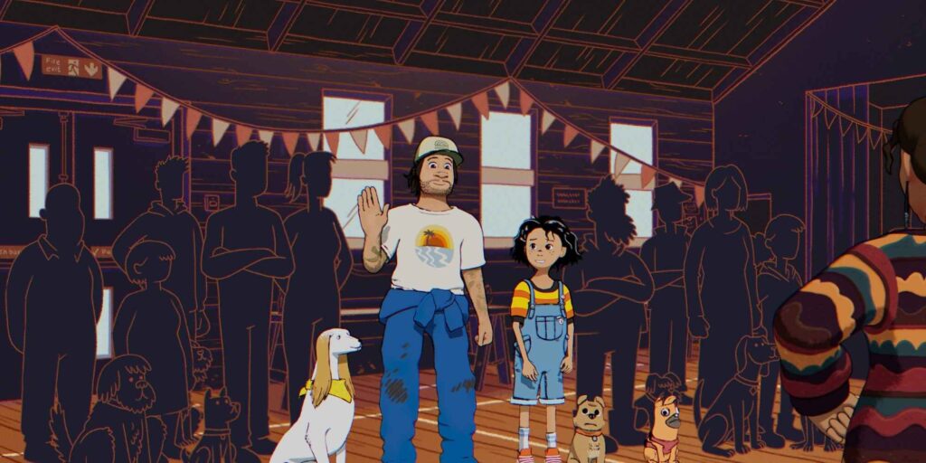 A waving man, an uncertain young girl, and three dogs stand amongst a room of people.