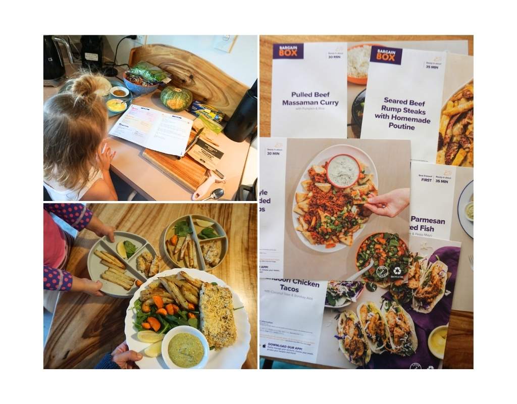 A collage of images showing three plates of fish and chips, a collection of printed dinner recipes, and a young child helping cook.
