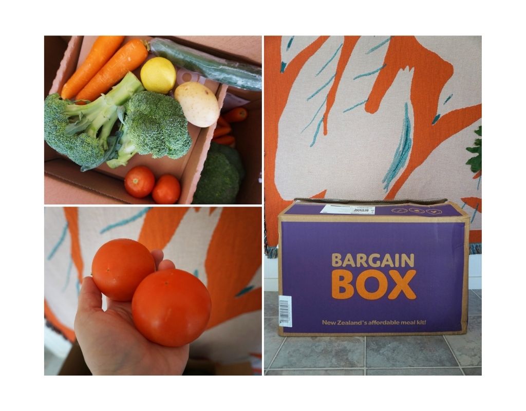 A collage of images showing a 'Bargain box' and some fruit and vegetables.