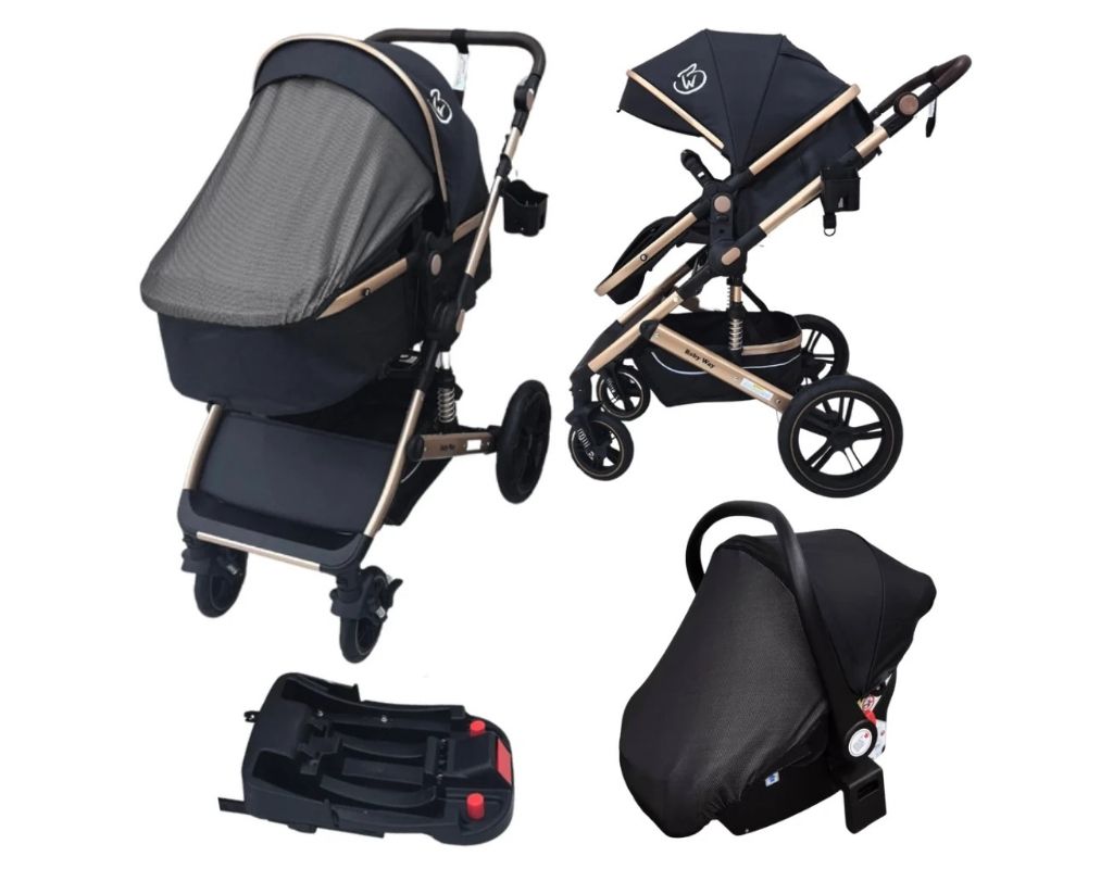 A black pram with gold handles. Front view, side view, removable bassinet, and car seat attachment.