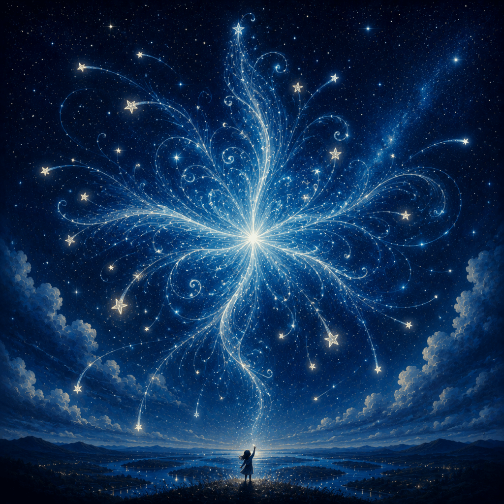 The silhouette of a young child reaches into the night sky, looking upon a cluster of wishing stars.