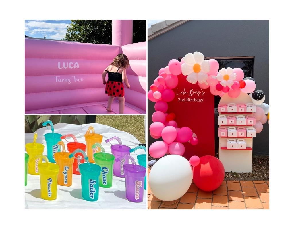 Collage of birthday signs with custom names printed on party favours.