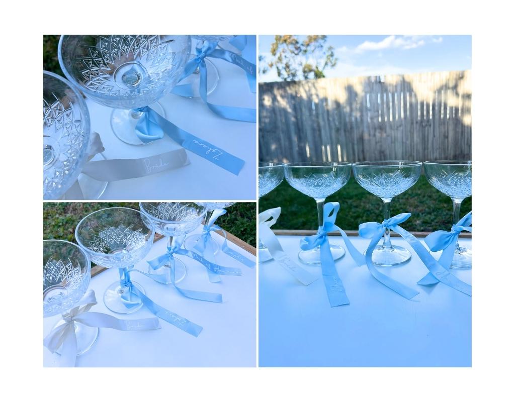 Image collage shows three photos of champagne glasses with ribbons tied around the stems.
