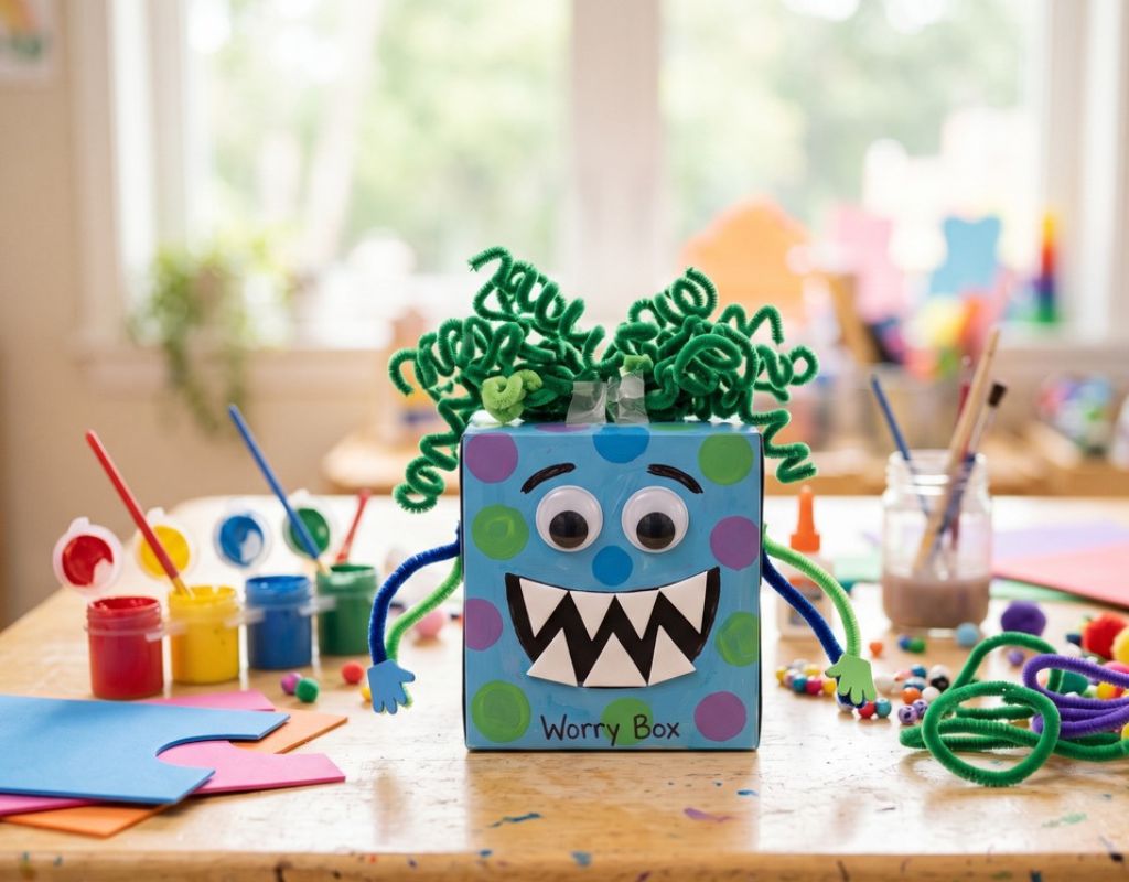 Homemade worry box, made out of an empty tissue box with googly eyes and teeth.