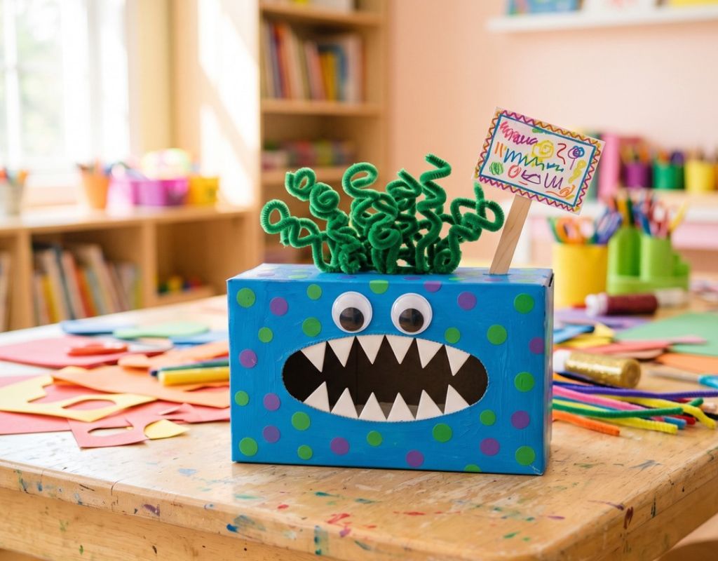 A worry box, a tissue box thats been decorated with a face, purple and green dots, and curly hair on top. 