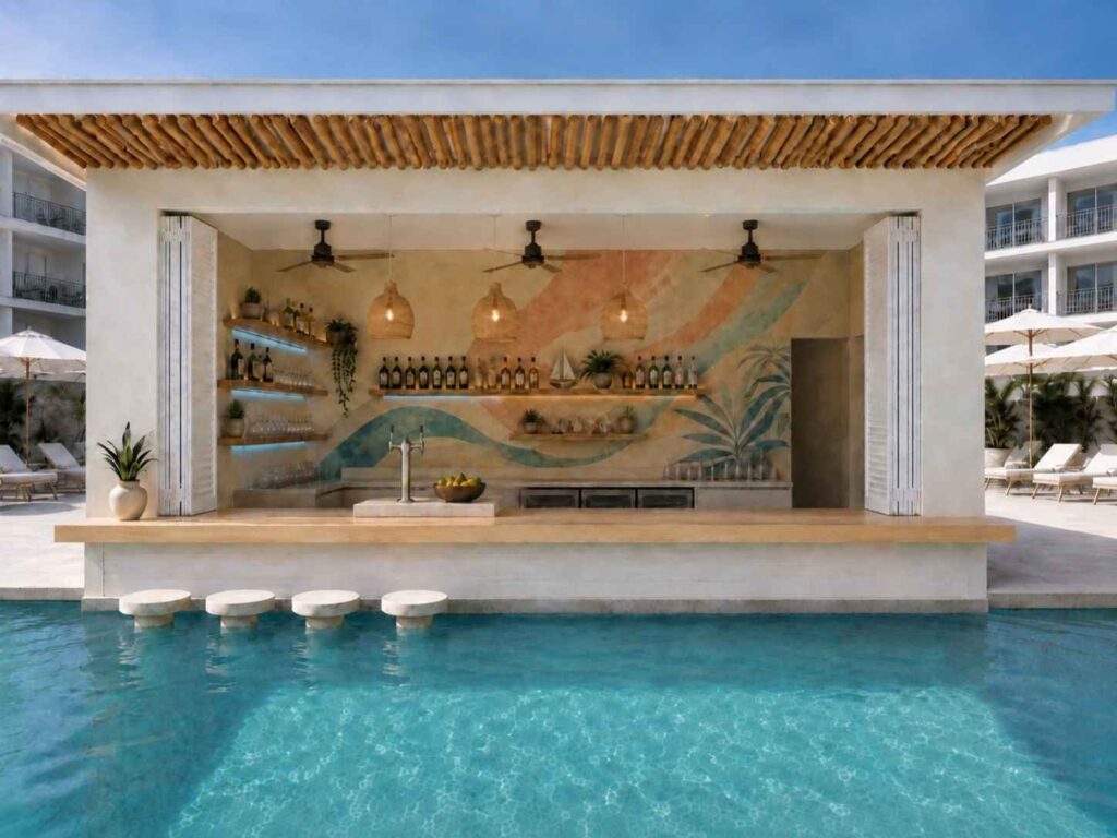 Swimming pool with a bar, seating in the pool.